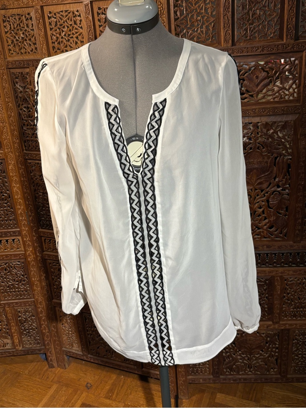 White House Black Market White Blouse with Black Embroidered Trim